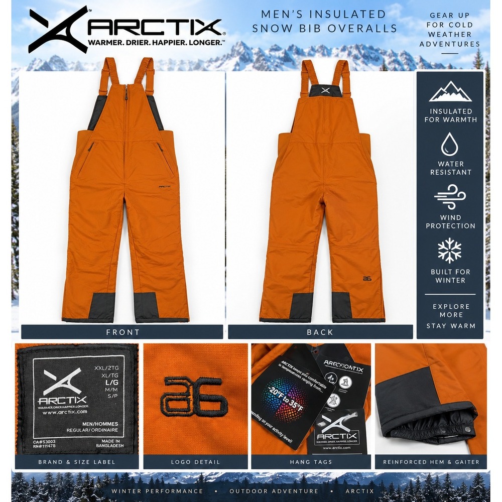 NWT Arctix Men L Essential Insulated Snow Bib Overalls Burnt Ginger Orange #1927